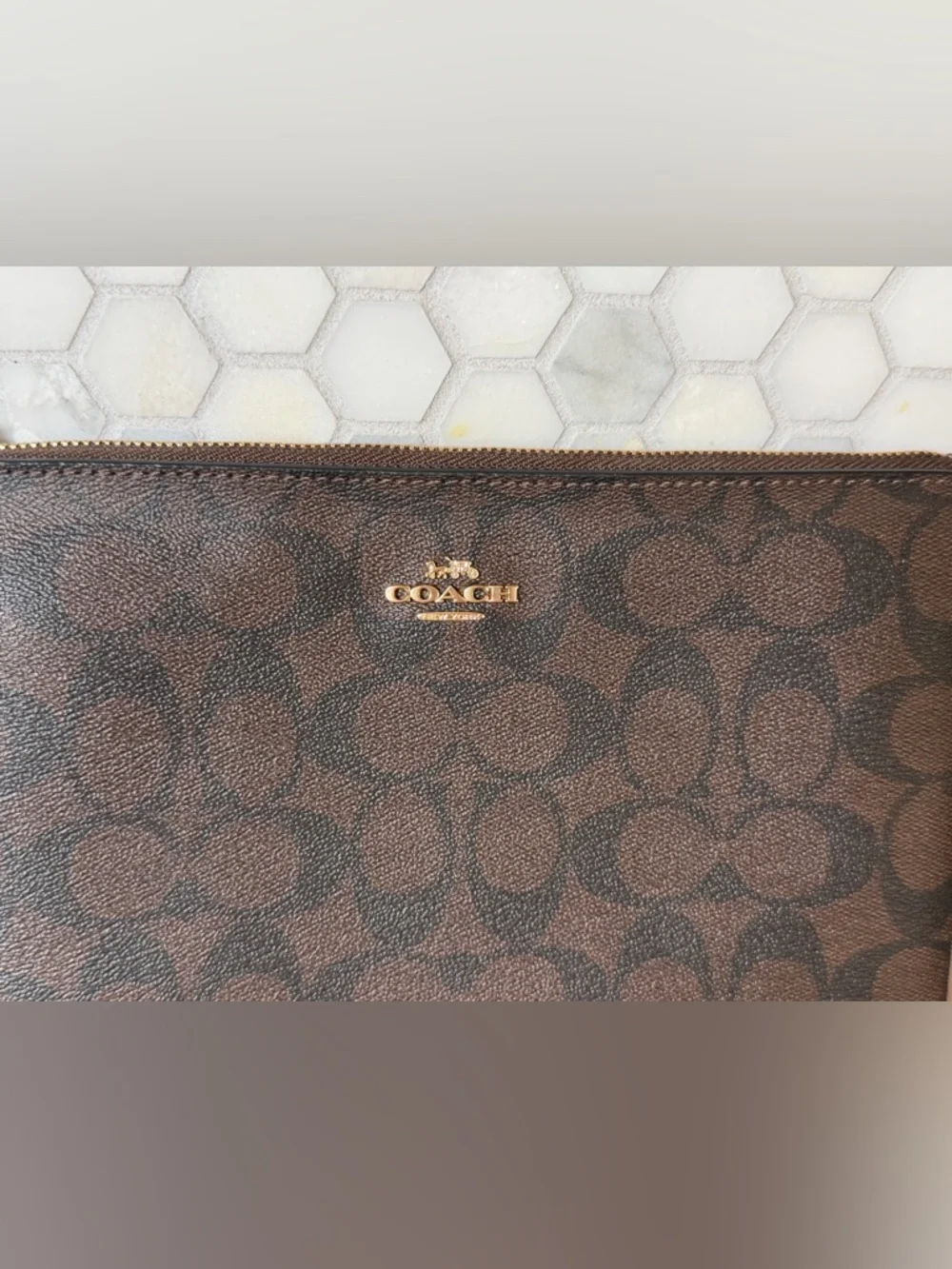 Coach Large PVC Signature Canvas Zip Wristlet Clutch with Gold Hardware EUC